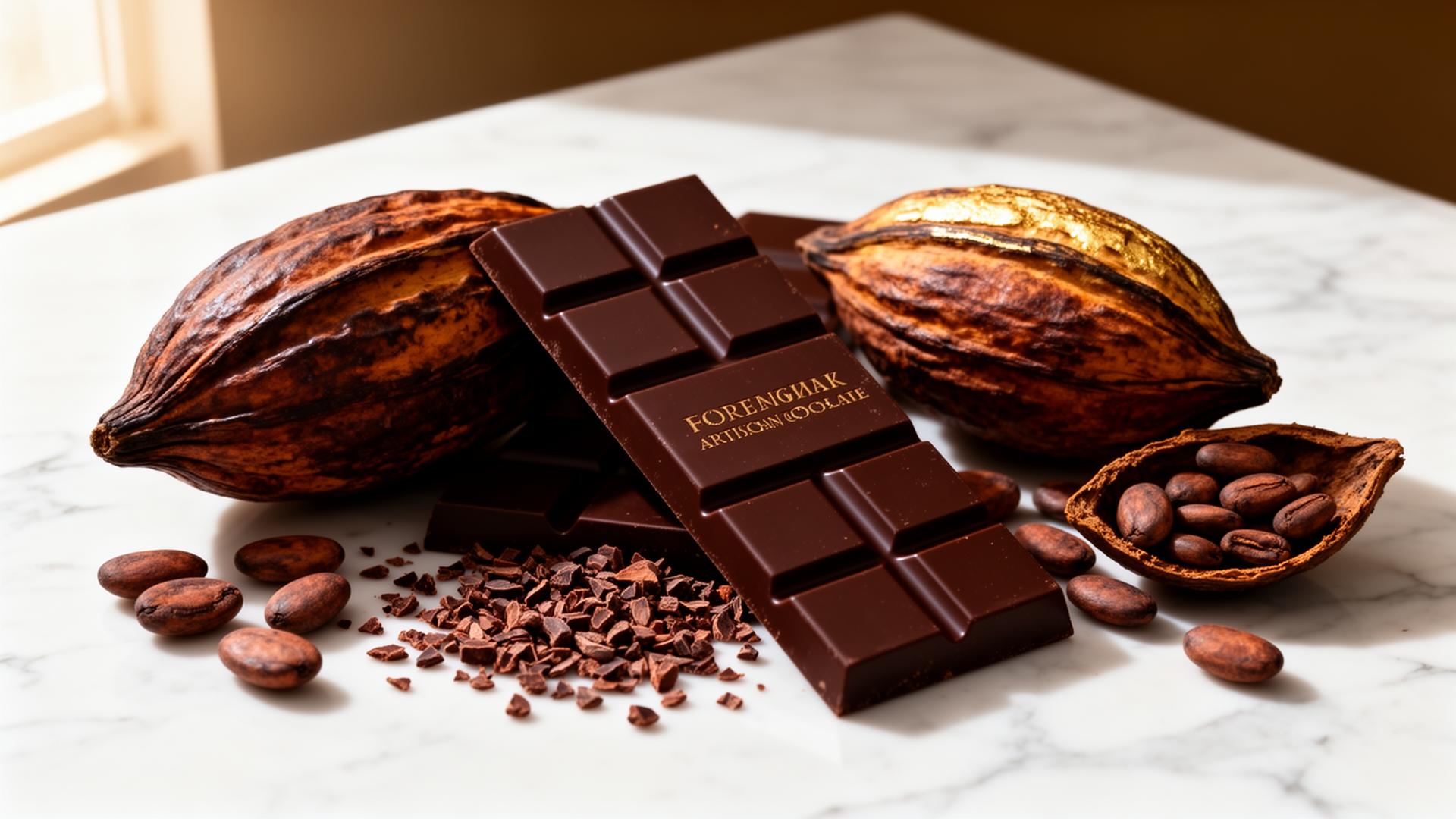 Barra de chocolate artesanal con mazorcas y granos de cacao sobre mármol